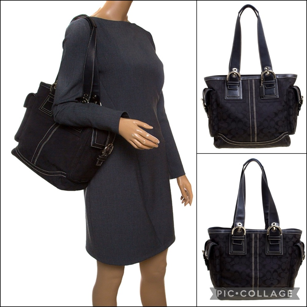 Coach Black Signature Jacquard CC Canvas & Leather Carry Bag Purse
